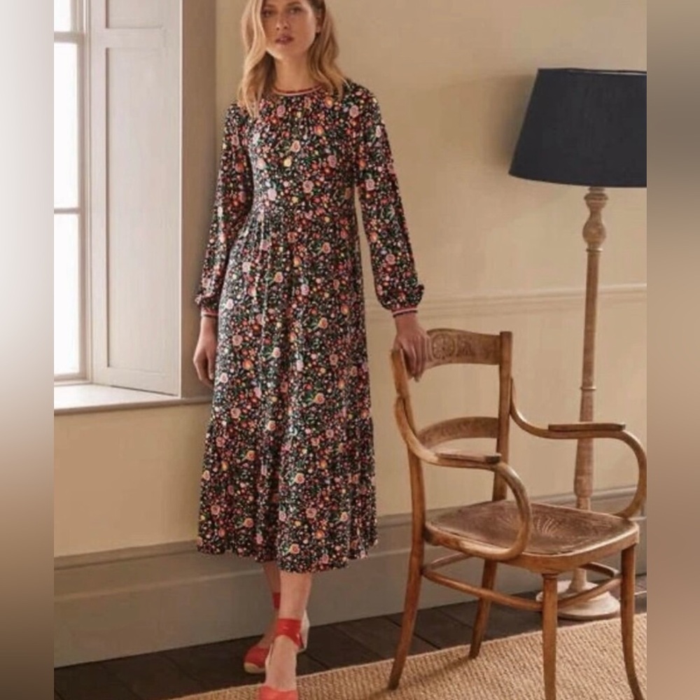 BODEN Boho Floral Cotton Jersey Longsleeve Midi Dress - Size 4P